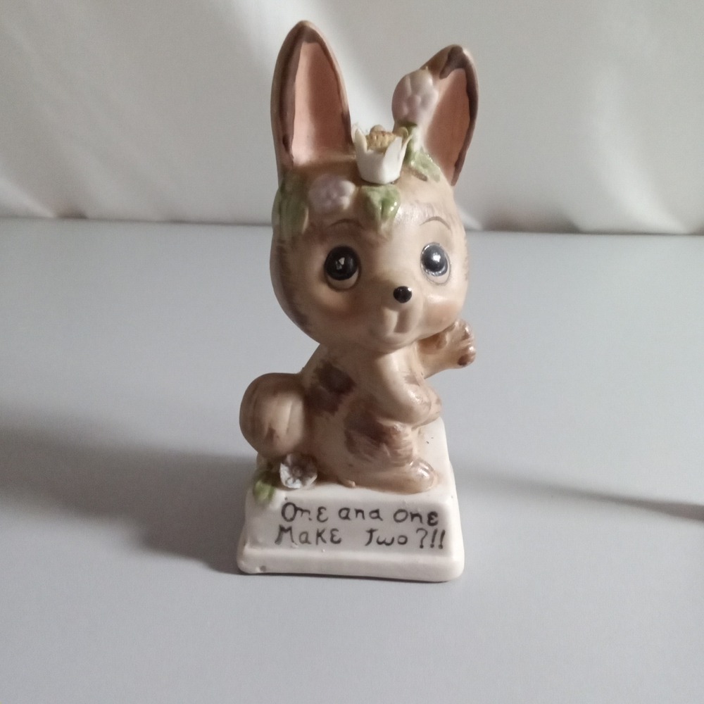 Vintage 1977 Ceramic Rabbit Bunny Figurine One and One Make Two Flower Crown